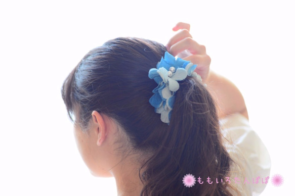 ☆パステルカラー☆アンティーク着物のお花とパールがいっぱいシュシュ【桜色】 5枚目の画像