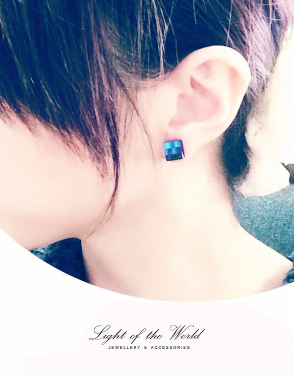 三色藍方型耳環 第3張的照片