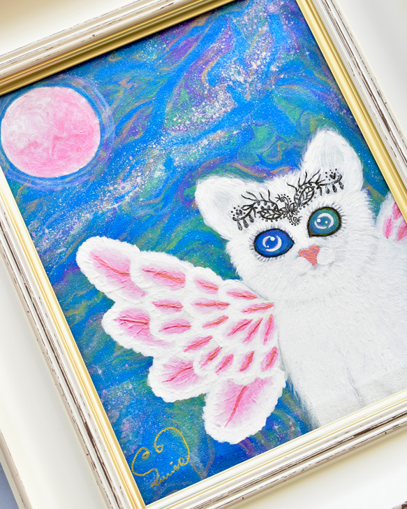 【 広がる愛 】宇宙ねこ　白猫　メッセージアート　ヒーリング　宇宙　天使　月　太陽　額入り 15枚目の画像
