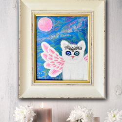 【 広がる愛 】宇宙ねこ　白猫　メッセージアート　ヒーリング　宇宙　天使　月　太陽　額入り 2枚目の画像