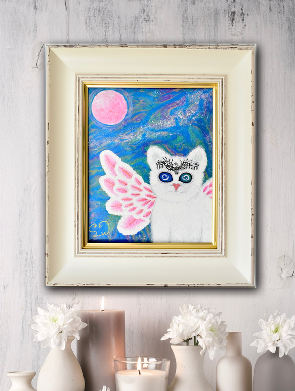 【 広がる愛 】宇宙ねこ　白猫　メッセージアート　ヒーリング　宇宙　天使　月　太陽　額入り 2枚目の画像