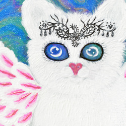 【 広がる愛 】宇宙ねこ　白猫　メッセージアート　ヒーリング　宇宙　天使　月　太陽　額入り 3枚目の画像