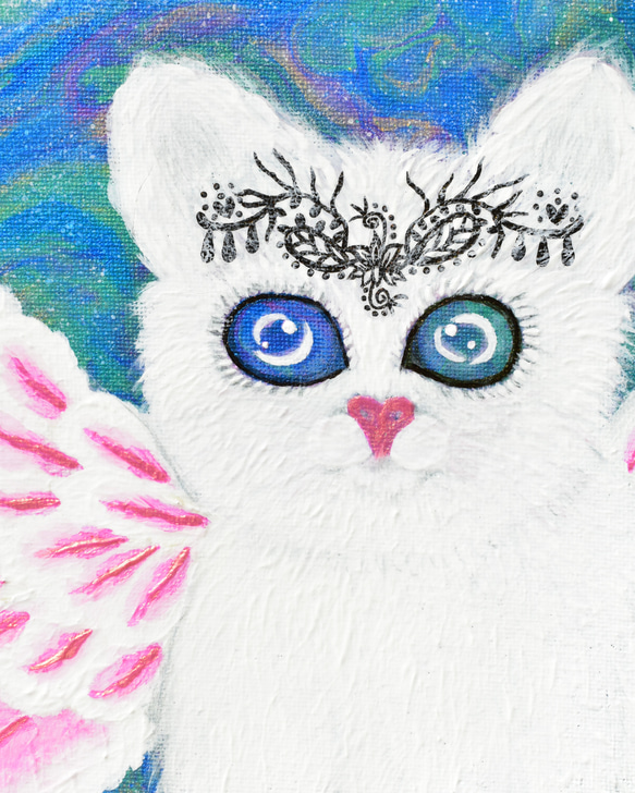 【 広がる愛 】宇宙ねこ　白猫　メッセージアート　ヒーリング　宇宙　天使　月　太陽　額入り 3枚目の画像