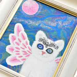 【 広がる愛 】宇宙ねこ　白猫　メッセージアート　ヒーリング　宇宙　天使　月　太陽　額入り 5枚目の画像