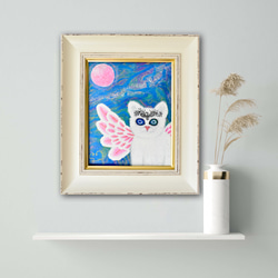 【 広がる愛 】宇宙ねこ　白猫　メッセージアート　ヒーリング　宇宙　天使　月　太陽　額入り 4枚目の画像