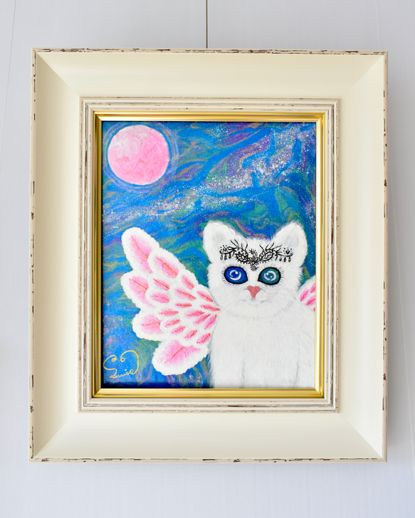 【 広がる愛 】宇宙ねこ　白猫　メッセージアート　ヒーリング　宇宙　天使　月　太陽　額入り 13枚目の画像