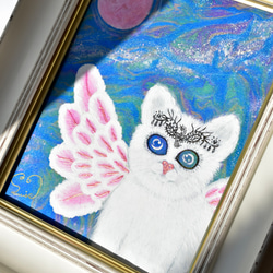 【 広がる愛 】宇宙ねこ　白猫　メッセージアート　ヒーリング　宇宙　天使　月　太陽　額入り 14枚目の画像