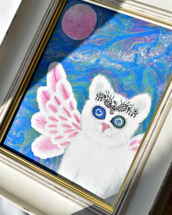 【 広がる愛 】宇宙ねこ　白猫　メッセージアート　ヒーリング　宇宙　天使　月　太陽　額入り 14枚目の画像