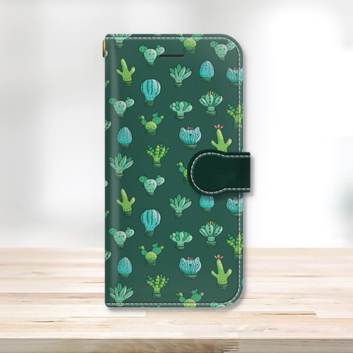 ☆かわいいサボテン猫 緑色 動物手帳型スマホケース iPhoneケース