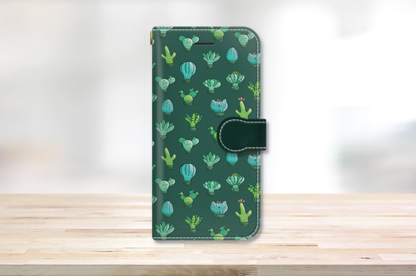 ☆かわいいサボテン猫 緑色 動物手帳型スマホケース iPhoneケース