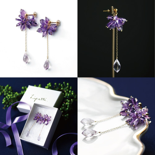 アメジスト咲き誇る花火のロングピアス ～Cassandre ピアス