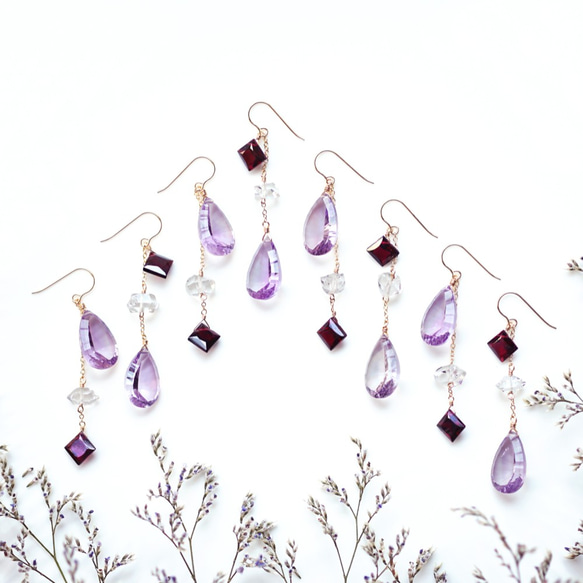 14KGF Pierced earring with Garnet, Amethyst, Herkimer quartz 第2張的照片