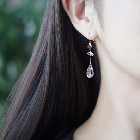 14KGF Pierced earring with Garnet, Amethyst, Herkimer quartz 第3張的照片