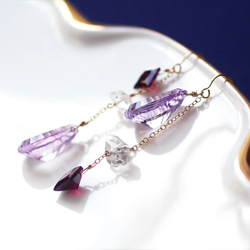 14KGF Pierced earring with Garnet, Amethyst, Herkimer quartz 第9張的照片