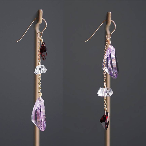 14KGF Pierced earring with Garnet, Amethyst, Herkimer quartz 第10張的照片