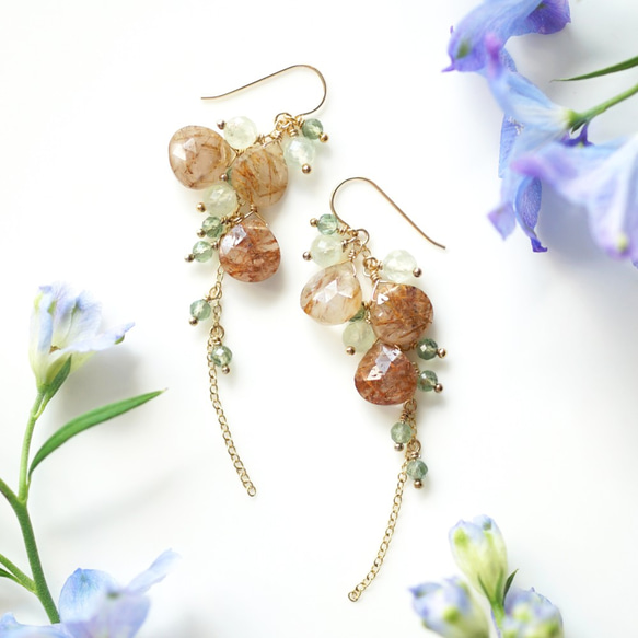 ☆ルチルクォーツと天然石による森の色したピアス ～Claudette ピアス