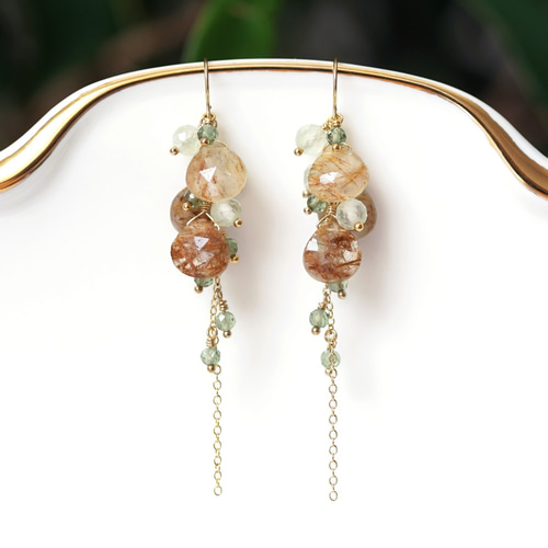 ☆ルチルクォーツと天然石による森の色したピアス ～Claudette ピアス