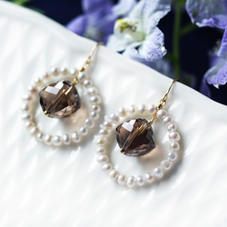 ☆ 珍珠和煙水晶鉤針編織蕾絲耳環 ~ Berengere 第6張的照片