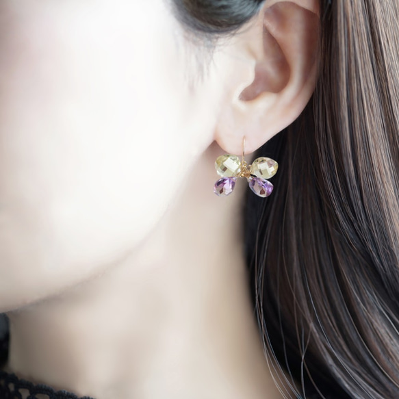 14KGF 檸檬石英紫水晶蝴蝶耳環 ~Papillon 第3張的照片