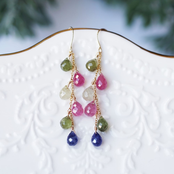 ☆K10/K18マルチカラーサファイアの極上ブリオレットドロップピアス  