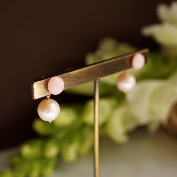 粉紅蛋白石和珍珠耳扣耳釘耳環　～Miluska 第1張的照片