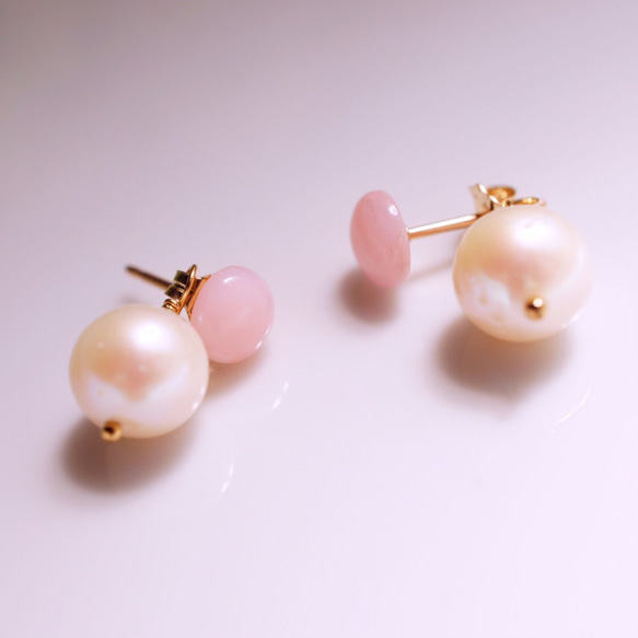 粉紅蛋白石和珍珠耳扣耳釘耳環　～Miluska 第2張的照片