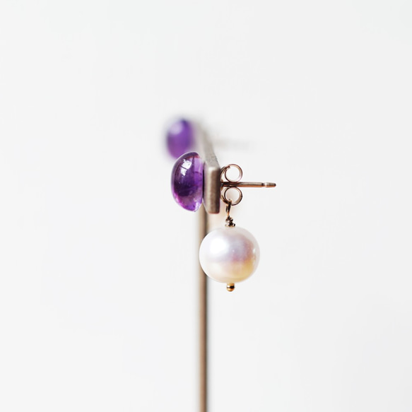 14KGF Pierced earring with Amethyst and pearl. 第8張的照片