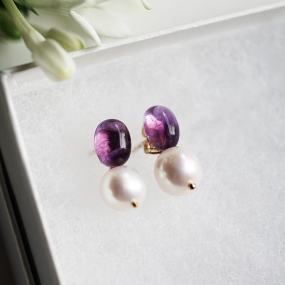 14KGF Pierced earring with Amethyst and pearl. 第1張的照片