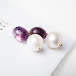 14KGF Pierced earring with Amethyst and pearl. 第6張的照片