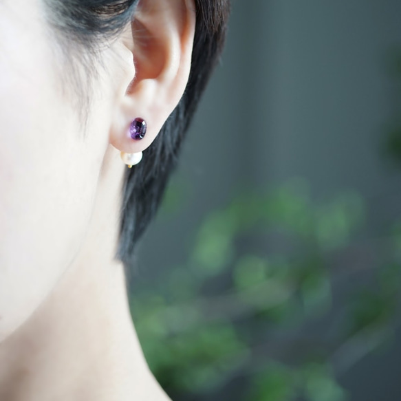 14KGF Pierced earring with Amethyst and pearl. 第3張的照片