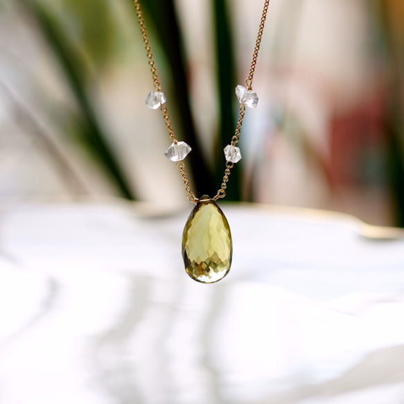 14KGF 50cm Neckrace  with olive quartz and Herkimer diamond. 第4張的照片