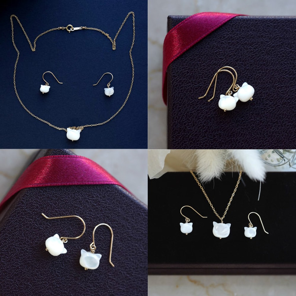14KGF 白色珍珠母貝貓形耳環 - Minette 第5張的照片