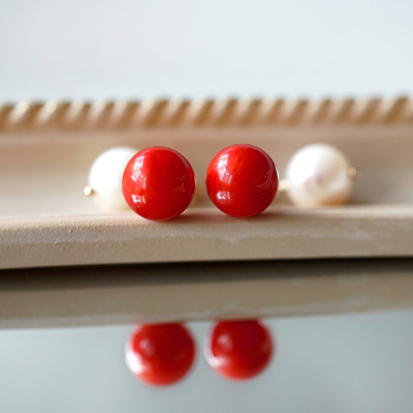 14KGF Pierced earring with coral 第1張的照片