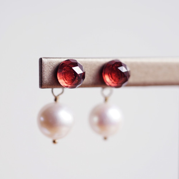 玫瑰切割石榴石珍珠耳環 - Lola 第1張的照片