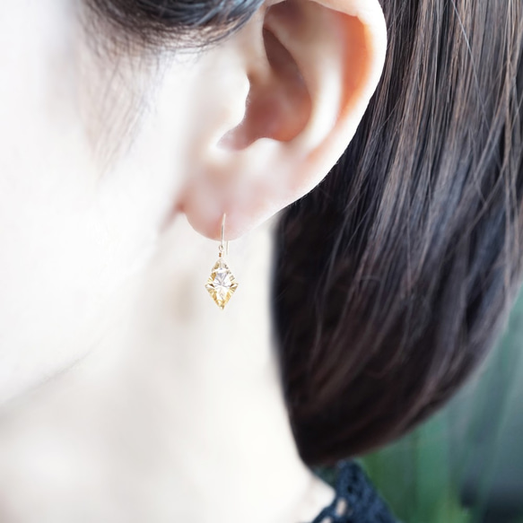 ☆ K10 / K18 鑽石凹形切割黃水晶耳環 ~ Ottilie 第3張的照片