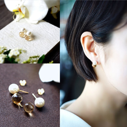 14KGF Pierced earring with Shell pearl and champagne quartz. 第2張的照片