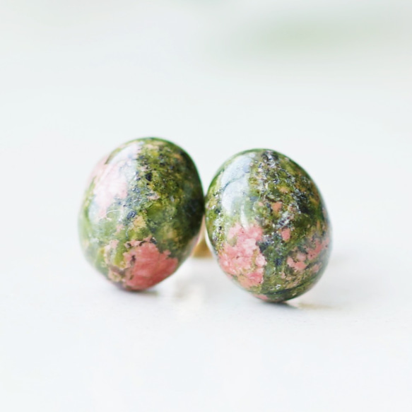 14KGF Pierced earrings with Unakite. 第1張的照片