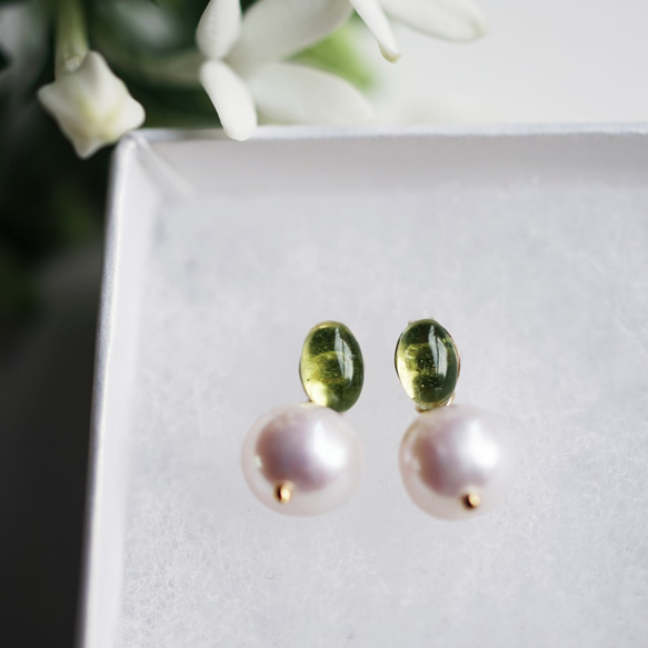14KGF Pierced earring with peridot and pearl 第1張的照片