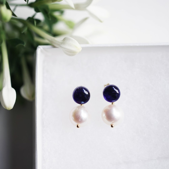 14KGF Pierced earring with Iolite and pearl 第1張的照片
