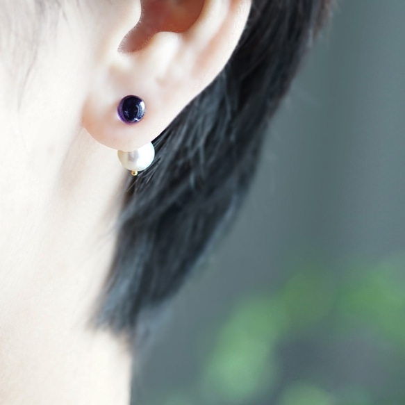 14KGF Pierced earring with Iolite and pearl 第3張的照片