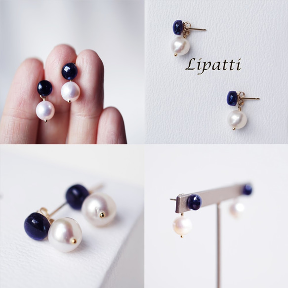 14KGF Pierced earring with Iolite and pearl 第4張的照片