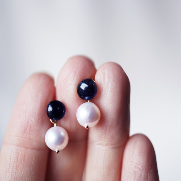 14KGF Pierced earring with Iolite and pearl 第8張的照片