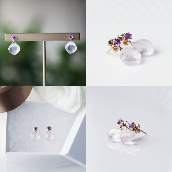 14KGF pierced earring with Amethyst and Rose quartz 第5張的照片