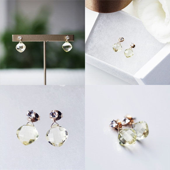 14KGF pierced earring with White topaz and Lemon quartz 第5張的照片