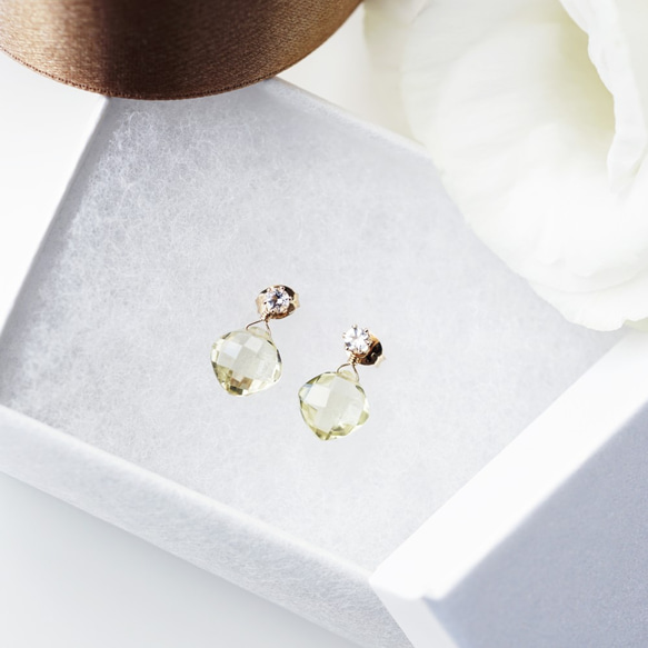 14KGF pierced earring with White topaz and Lemon quartz 第8張的照片