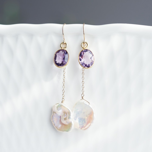 K18 Pierced earring with Amethyst and Pearl 第1張的照片