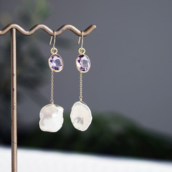 K18 Pierced earring with Amethyst and Pearl 第2張的照片