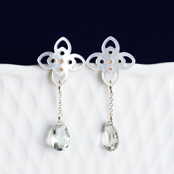 14KGF pierced earring with White shell/Green Amethyst. 第6張的照片