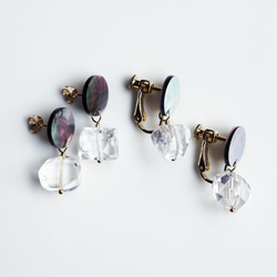 14KGF pierced earring with Black Shell/Crystal Quartzs. 第2張的照片