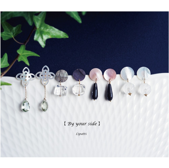 14KGF pierced earring with Black Shell/Crystal Quartzs. 第10張的照片